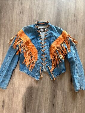 Women's phoenix Denim Fringe Lace-Up Jacket in Blue and brownish orange